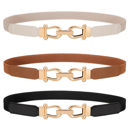 WERFORU 3 Pack Women Ladies Skinny Elastic Waist Belt Gold Buckle Stretchy Thin Belt for Dress Jeans,Black+Brown+Beige
