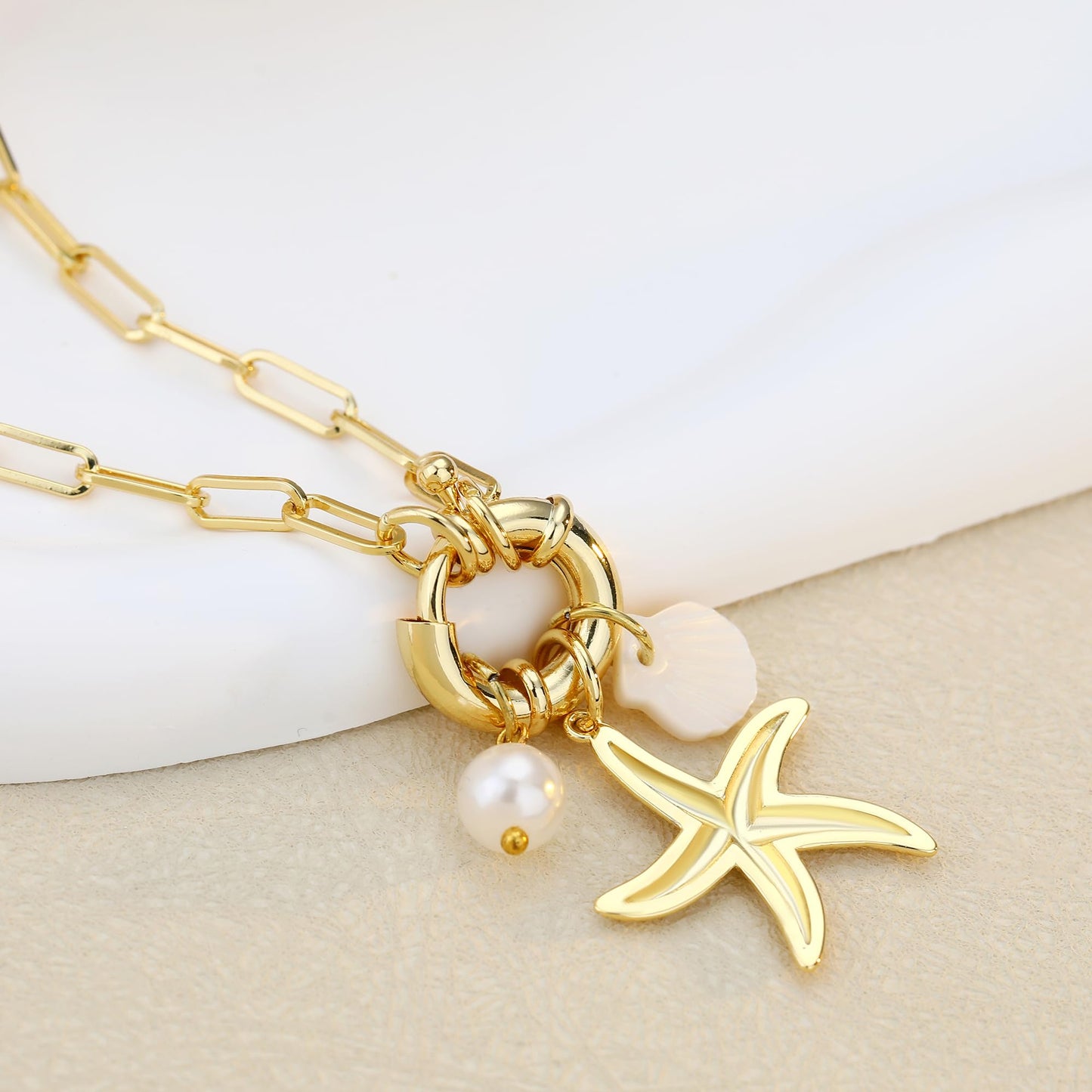MISS RIGHT Gold Necklace for Women, Dainty 18k Gold Plated Starfish SeaShell Pearl Cute Boho Pendant DIY Charm Necklace,Non Tarnish Adjustable Chunky Paperclip Chain Jewelry for Summer Beach Vacation