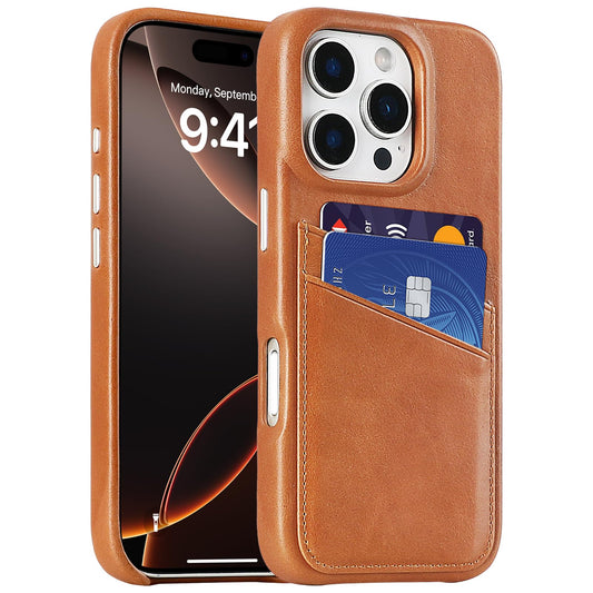 LUCKYCOIN 100% Genuine Leather Wallet Phone Case for iPhone 16 Pro, Slim Design with Card Holder, Shockproof Protective Cover, Microfiber Lining & Metal Buttons, for Men and Women, Tan
