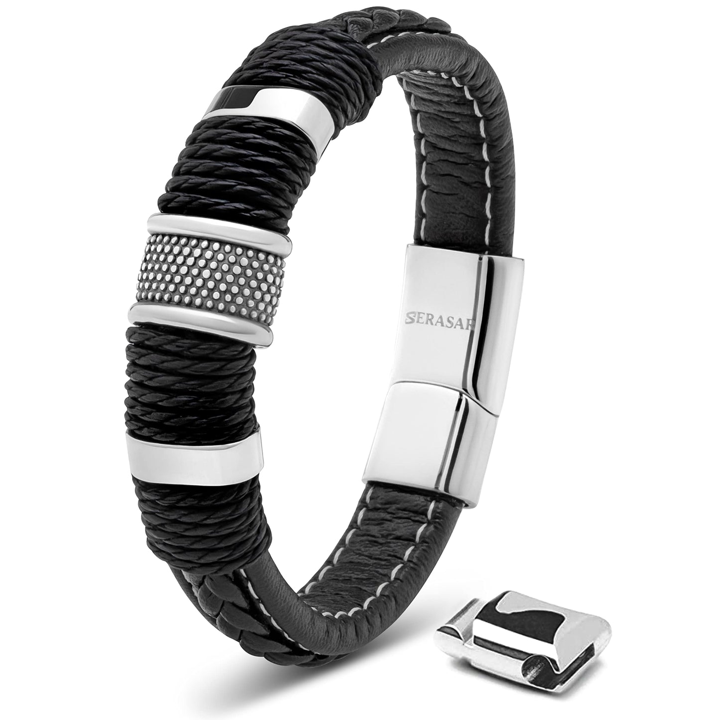 SERASAR Pulsera de cuero plateado 20cm para hombre idea regalo, genuino, caja cierre magnetico ajustable
