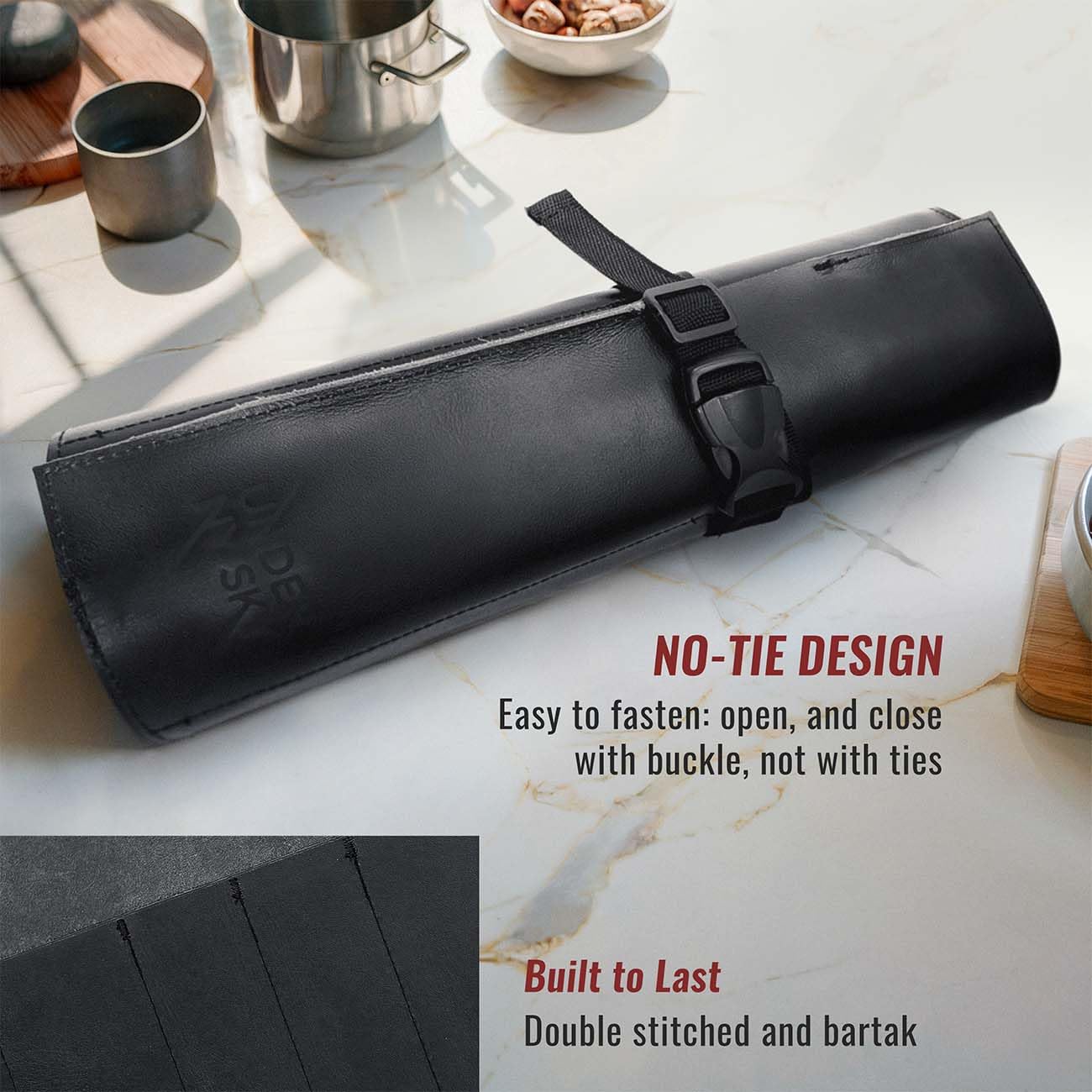 Under NY Sky Genuine Leather Knife Roll Case - 6 Slots - Real Leather Pouch - Portable Bag for Cooking Tools, Utensils, Cutlery Knives, Brushes - Chefs, Kitchen, Travel, Gift - Black