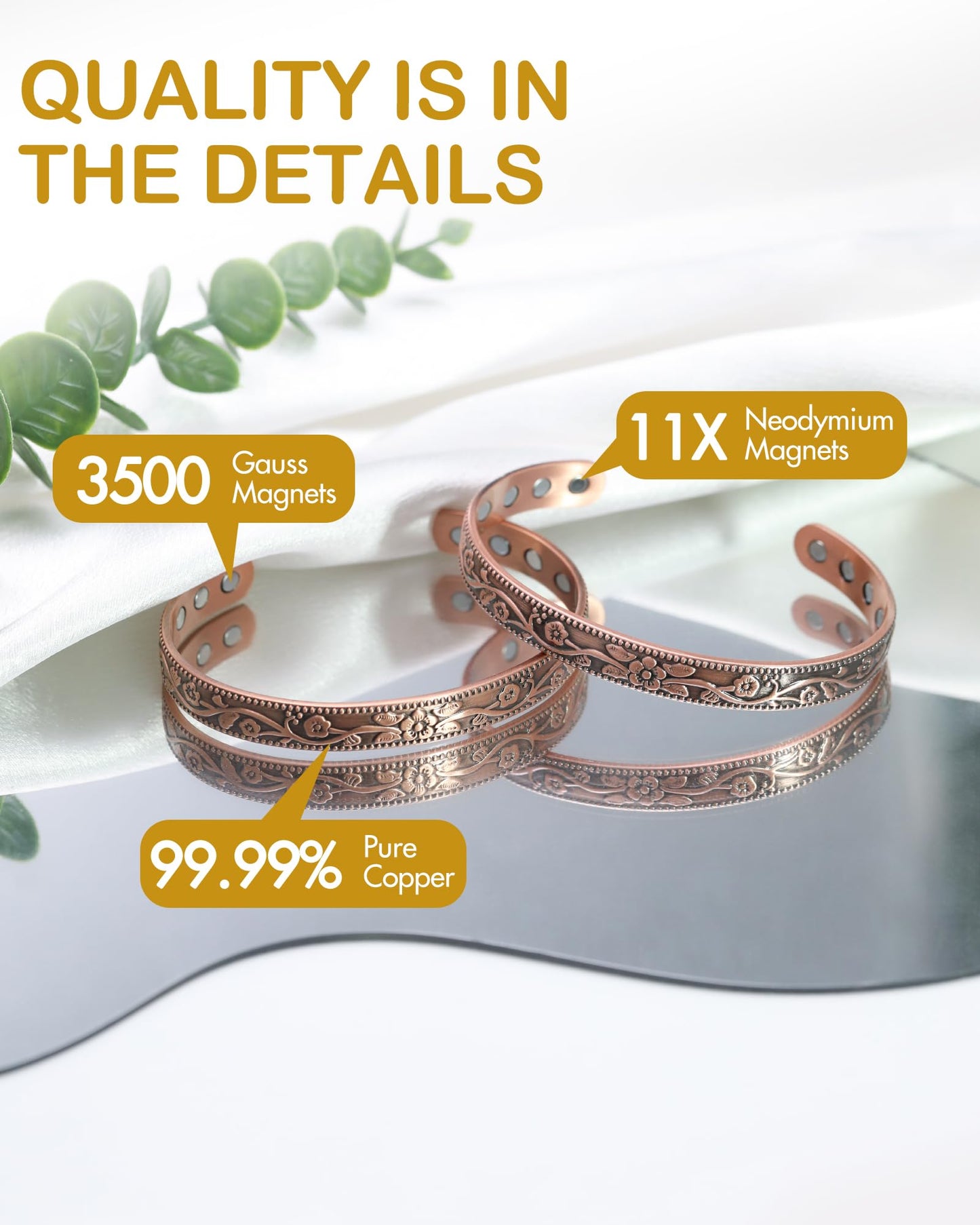 Feraco 99.99% Pure Copper Bracelet for Women, 11X Ultra Strength Magnetic Copper Cuff Bangle with 3500 Gauss Neodymium Magnets, Adjustable Vintage Flower Collection