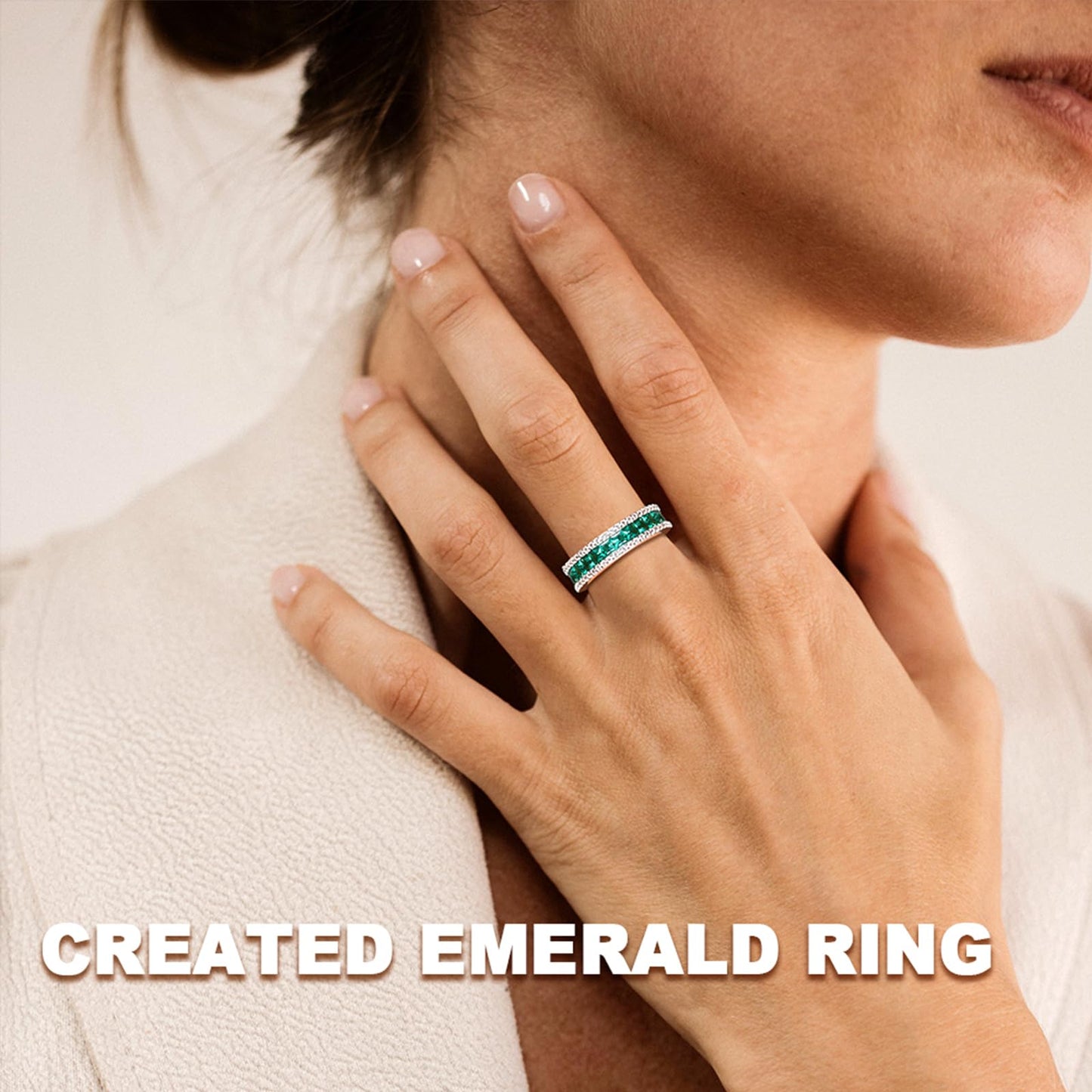 RANDES Emerald Eternity Ring 925 Sterling Silver Created Green Stone Emerald Engagement Wedding Band Rings for Women Men Size 8.5