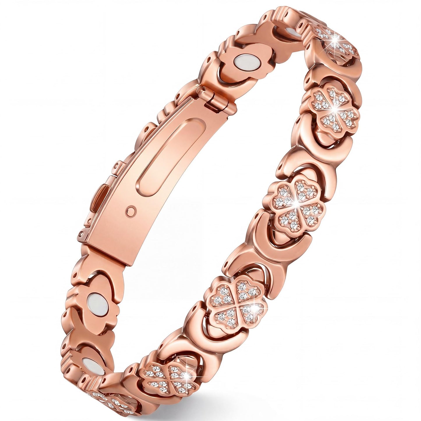 Feraco Pure Copper Bracelets for Women, Ultra Strength Magnetic Bracelet for Women with 3800 Gauss Magnet & Sparkling Cubic Zirconia, Copper Jewelry Gift, Infinite Clover (Rose Gold)