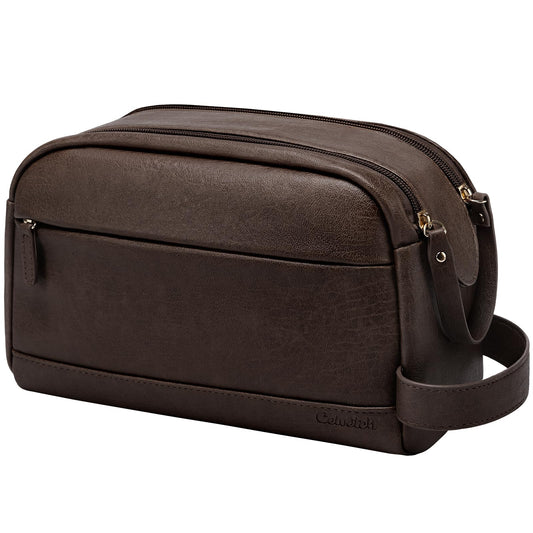 Celvetch PU Leather Toiletry Bag for Men - Water Resistant Travel Bag for Toiletries, Bathroom Essentials, Accessories - Dark Brown