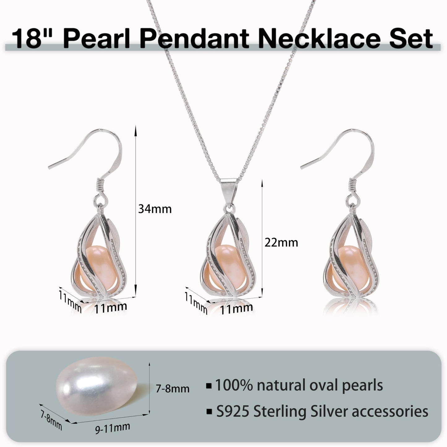 HENGSHENG Pearl Jewelry Set For Women S925 Sterling Silver Necklace & Earrings Set Freshwater Pearl Pendant Cage Set for Wedding Anniversary Prom Birthday Gift - Silvery Pink