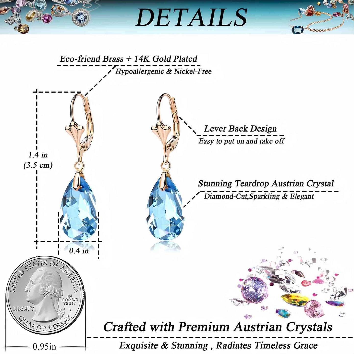 Austrian Crystal Teardrop Leverback Dangle Earrings for Women Fashion 14K Gold Plated Hypoallergenic Jewelry (Aquamarine)