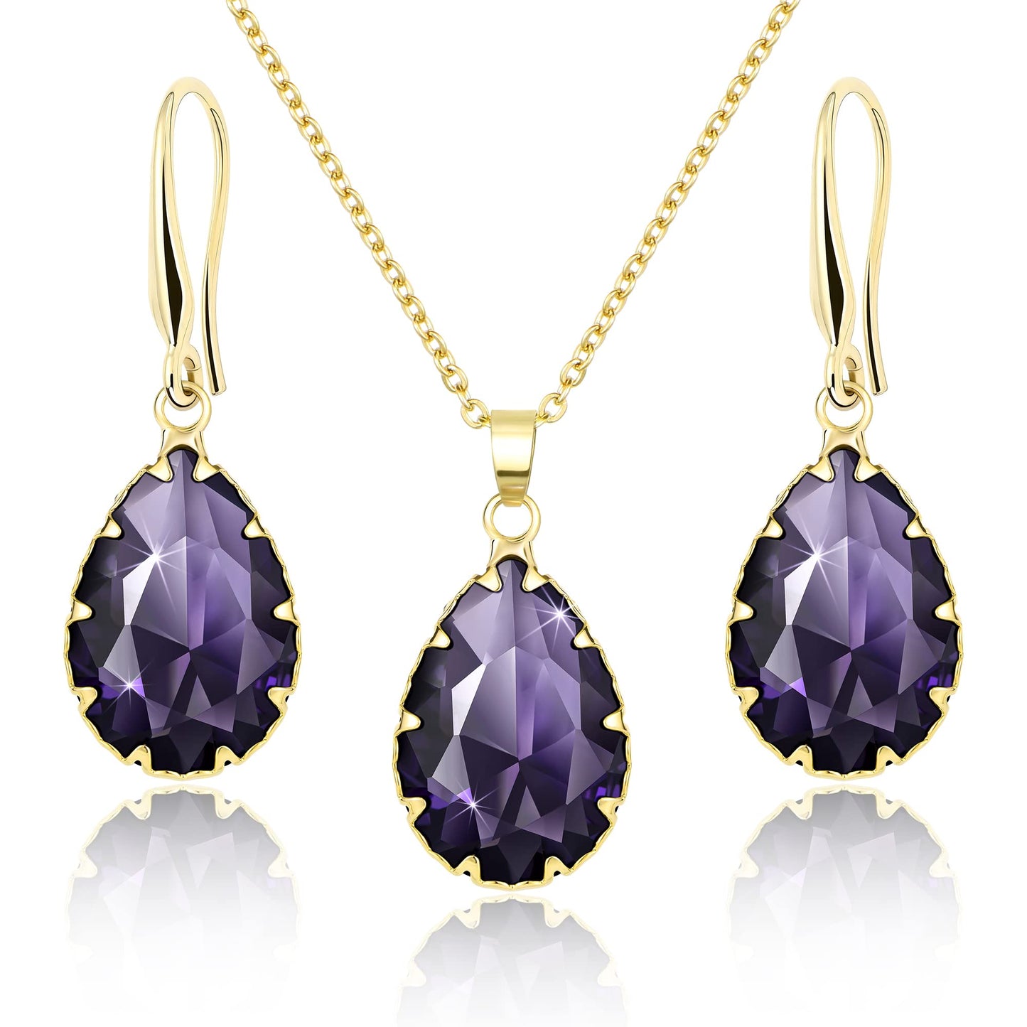 Linawe Lab Created Amethyst Crystal Jewelry Sets, Purple Pendant Necklace, Lavender Imitation Diamond Rhinestone Dangle Earrings, KC Imitation Gold Plated Wedding Jewelry, Teardrop Cubic Zirconia Fake Birthstone
