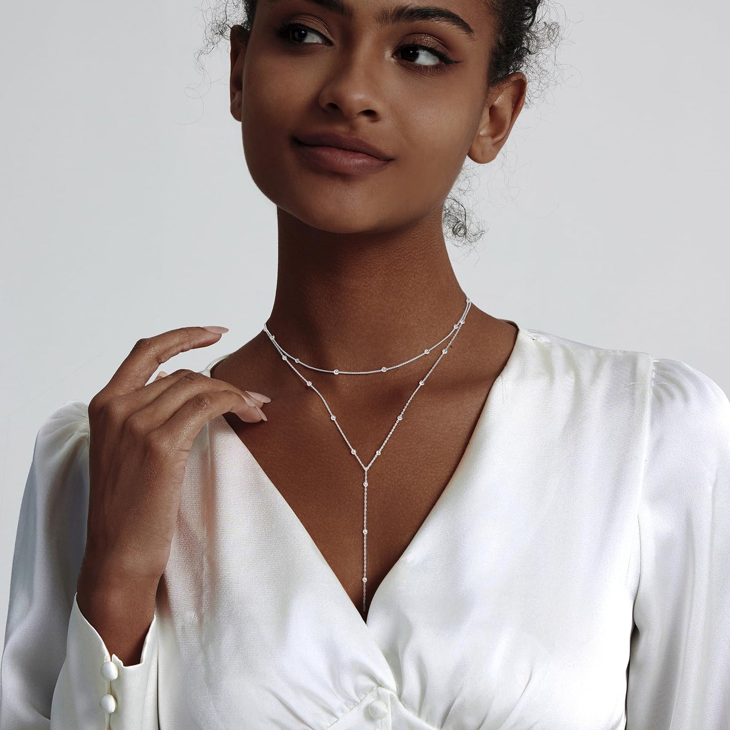 Luxval Silver Necklace for Women Dainty Silver Plated Layered Necklaces Trendy Lariat Beaded Long Necklace Simple Jewelry for Women Gift