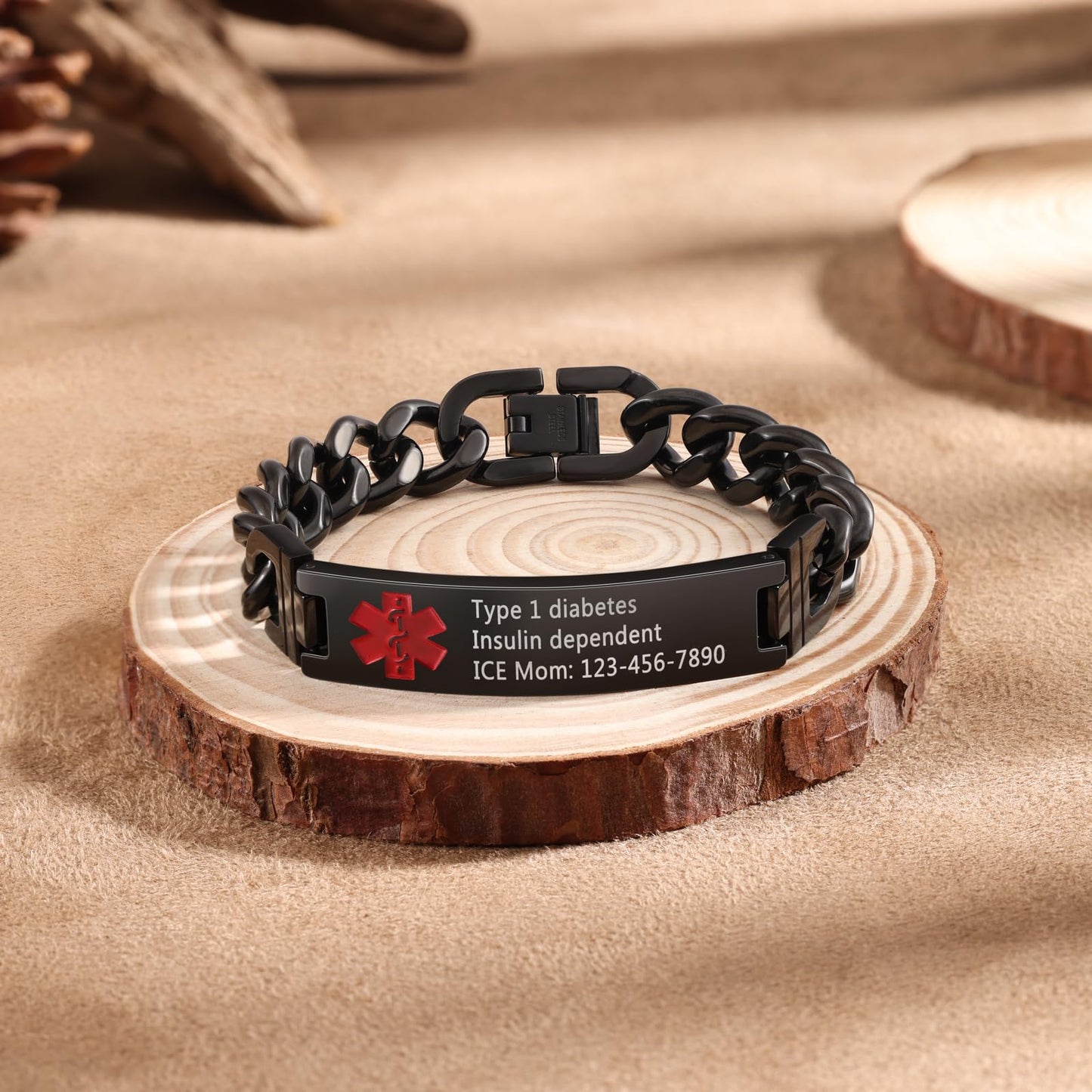 Bijouweled Medical Alert Bracelet for Women Men 7.5 to 9.8 Inches Emergency ID Bracelets Free Engraving Personalized Medic Alert Bracelet for Adult (Black 7.5-9.8inch 3 sizes)
