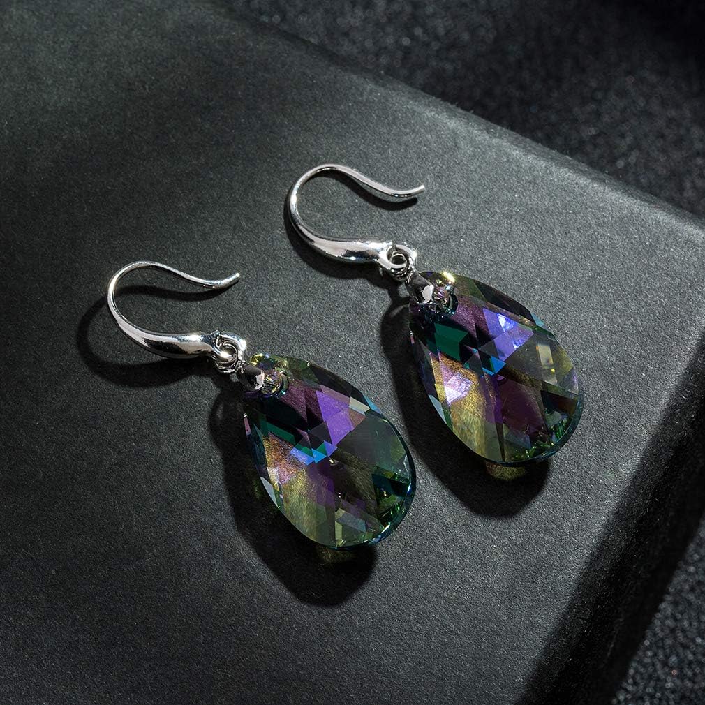 Austrian Crystal Teardrop Dangle Hook Earrings for Women 14K Gold Plated Hypoallergenic Jewelry (Rainbow Crystal)
