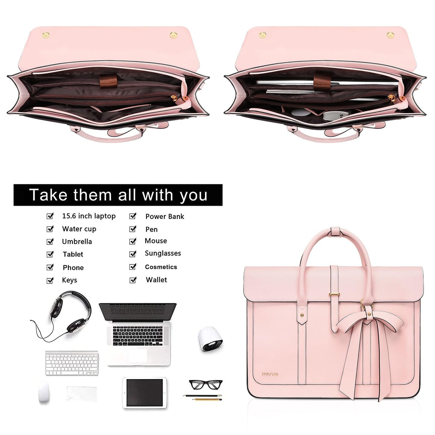 MOSISO Laptop Bag for Women, 15-15.6 inch PU Leather Laptop Shoulder Bags Convertible Backpack, 16 inch Messenger Bags Casual Handbag Work Briefcase Travel Computer Bag with Bowknot, Pink