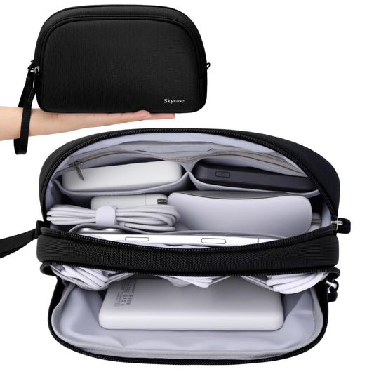 Skycase Travel Cable Organizer - Lightweight Water Resistant Dual-Layer Tech Pouch with Wrist Strap 10 Compartments Electronic Organizer Travel Case for Charger Cord Hard Drive,Medium,Black