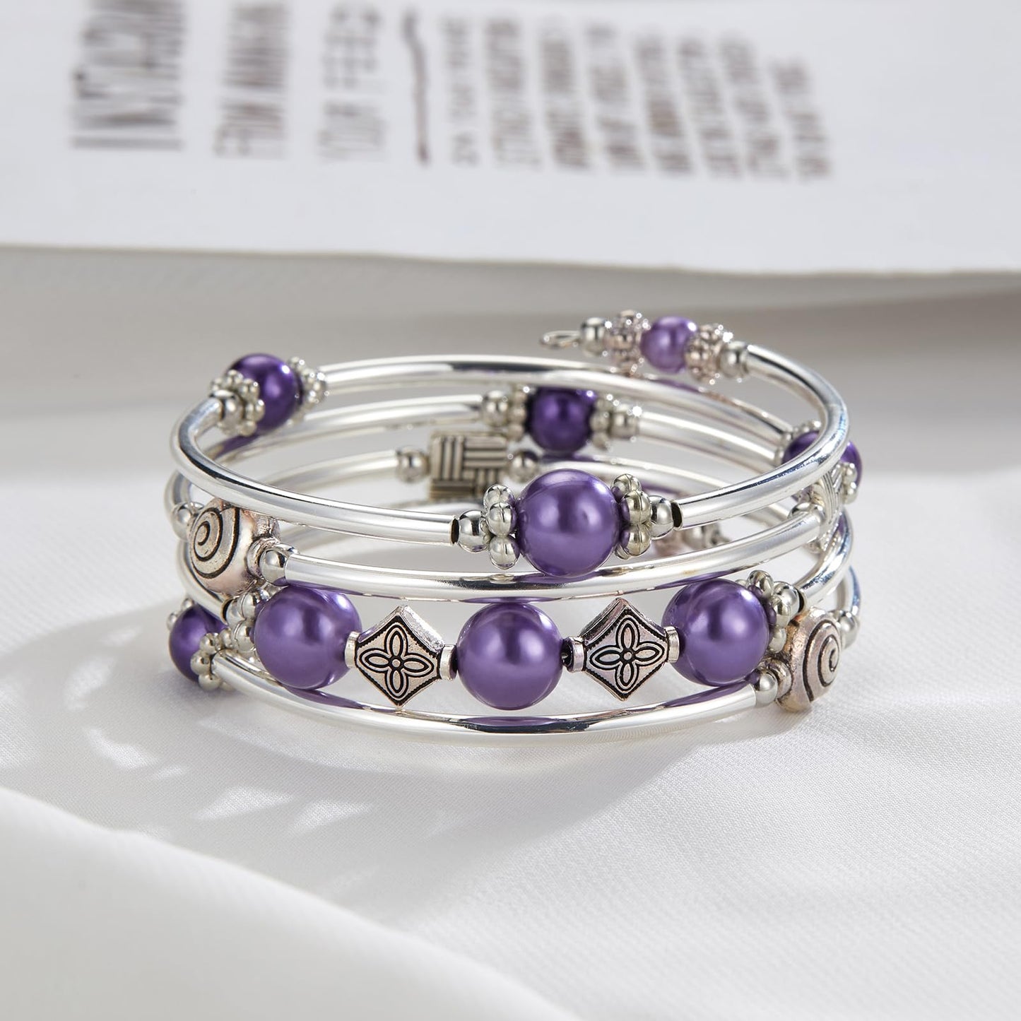Beaded Pearl Bangle Wrap Bracelet - Fashion Bohemian Jewelry Multilayer Charm Bracelet with Thick Silver Metal Beads, Gift For Women(Purple pearl)