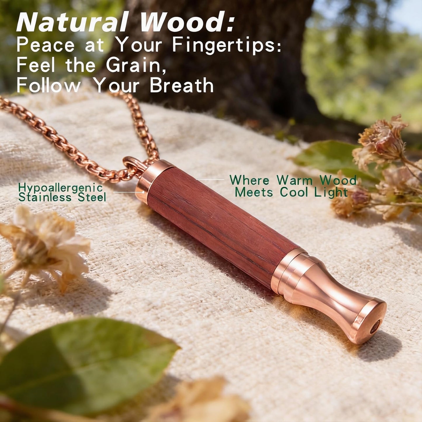 BOLAGTIER Mindful Breathing Necklace: Natural Wood Fidget Charm for Anxiety Relief & Quit Smoking Aid, Stainless Steel Sensory Pendant to Calm Your Mind (Rose Gold)