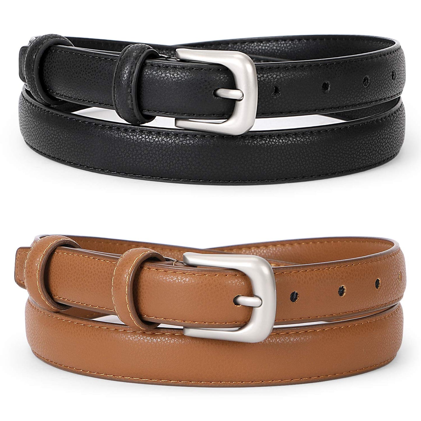 WERFORU 2 Pack Women Leather Belt for Pants Jeans Skinny Waist Belts for Dress Casual Ladies Belt Solid Pin Buckle