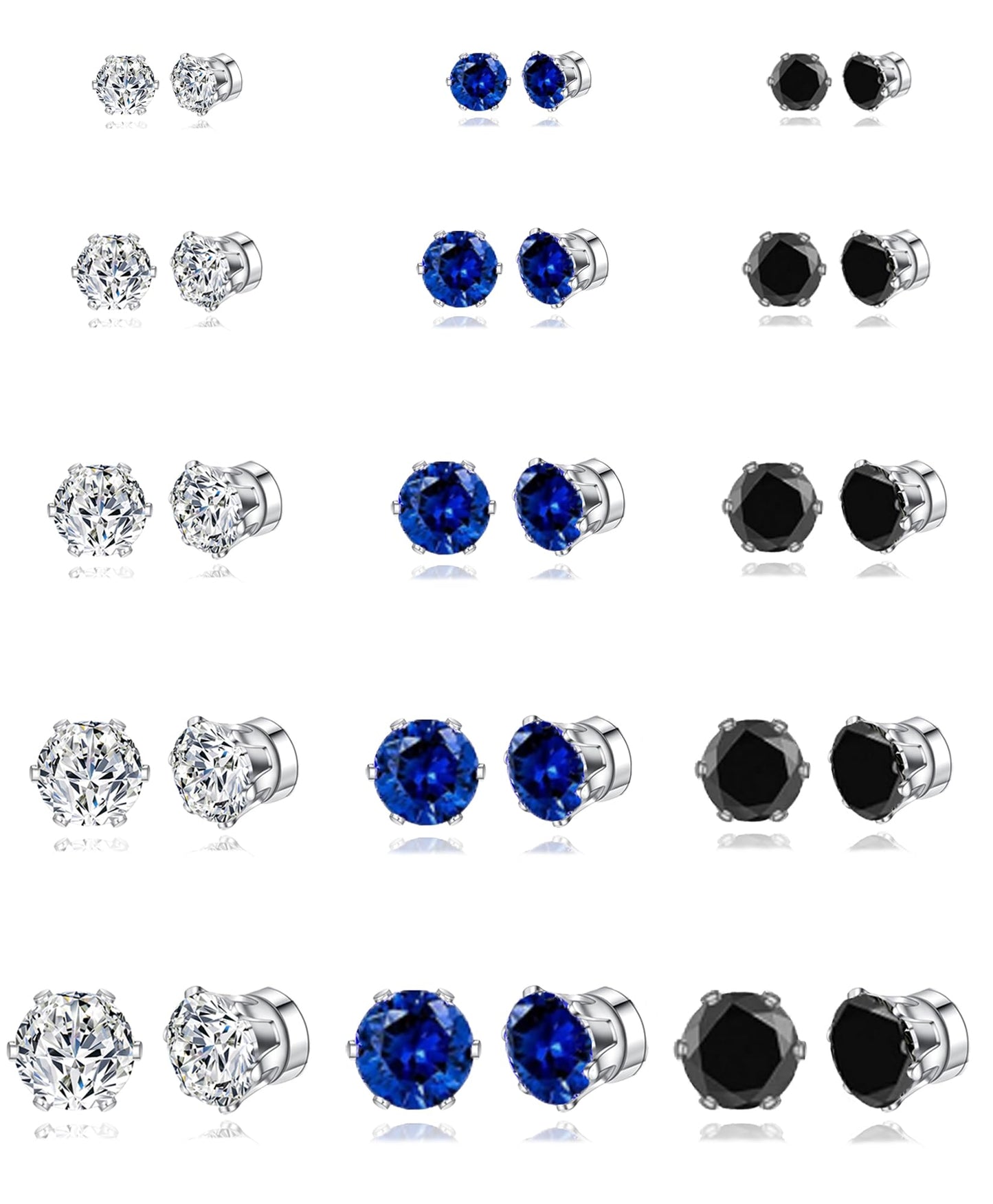 Ofeiyaa 15 Pairs Magnetic Stud Earrings Cubic Zirconia Non-Piercing Earrings Set Clip on Fake Earring Jewelry for Women Men 4-5-6-7-8MM White Black Blue Color