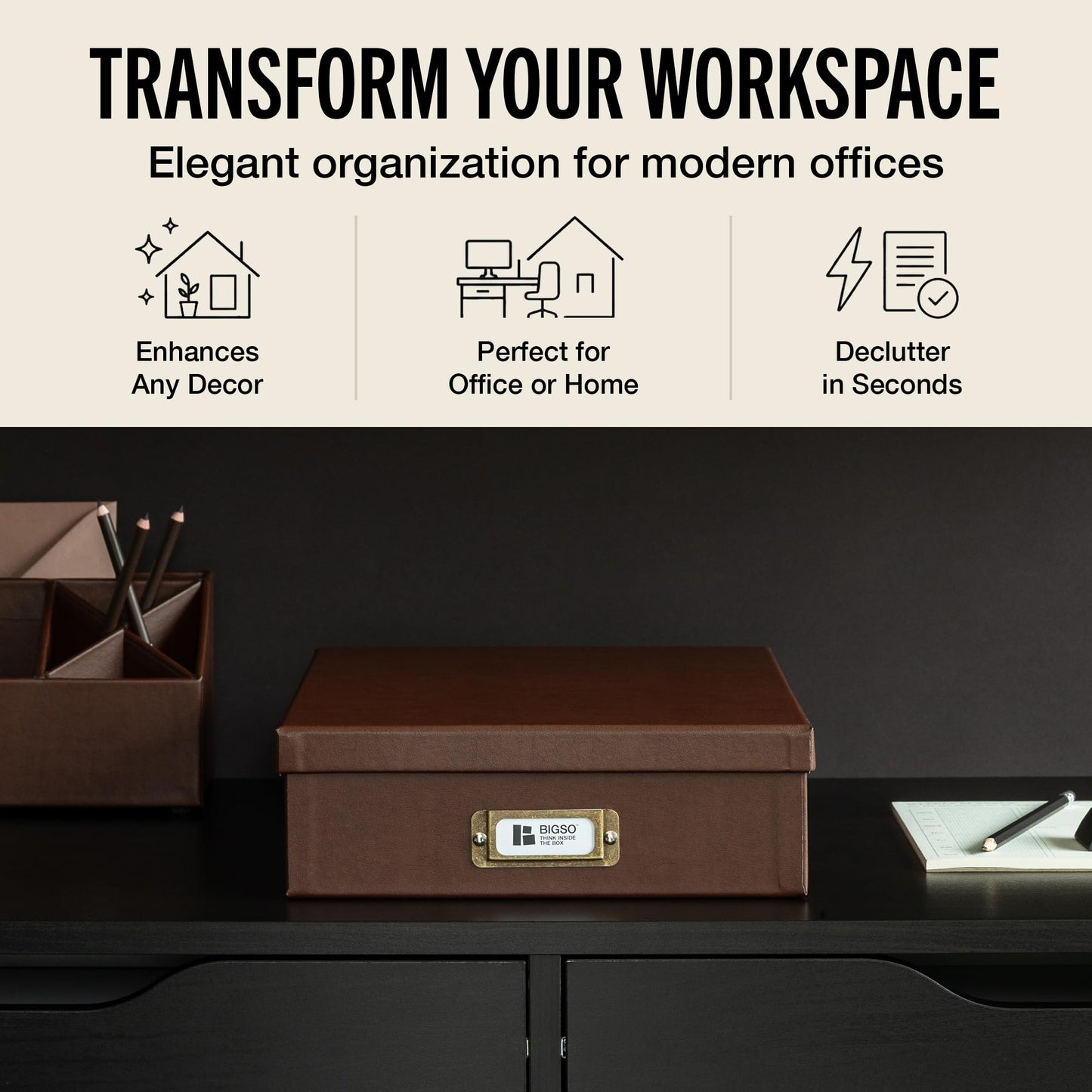 Bigso Oskar Fiberboard Document Storage Box with Lid for A4 and Letter Size Papers - Stylish, Sturdy, and Stackable Keepsake Box with Label Holder - W10.2in x D13.8in x H3.3in - Recycled Leather