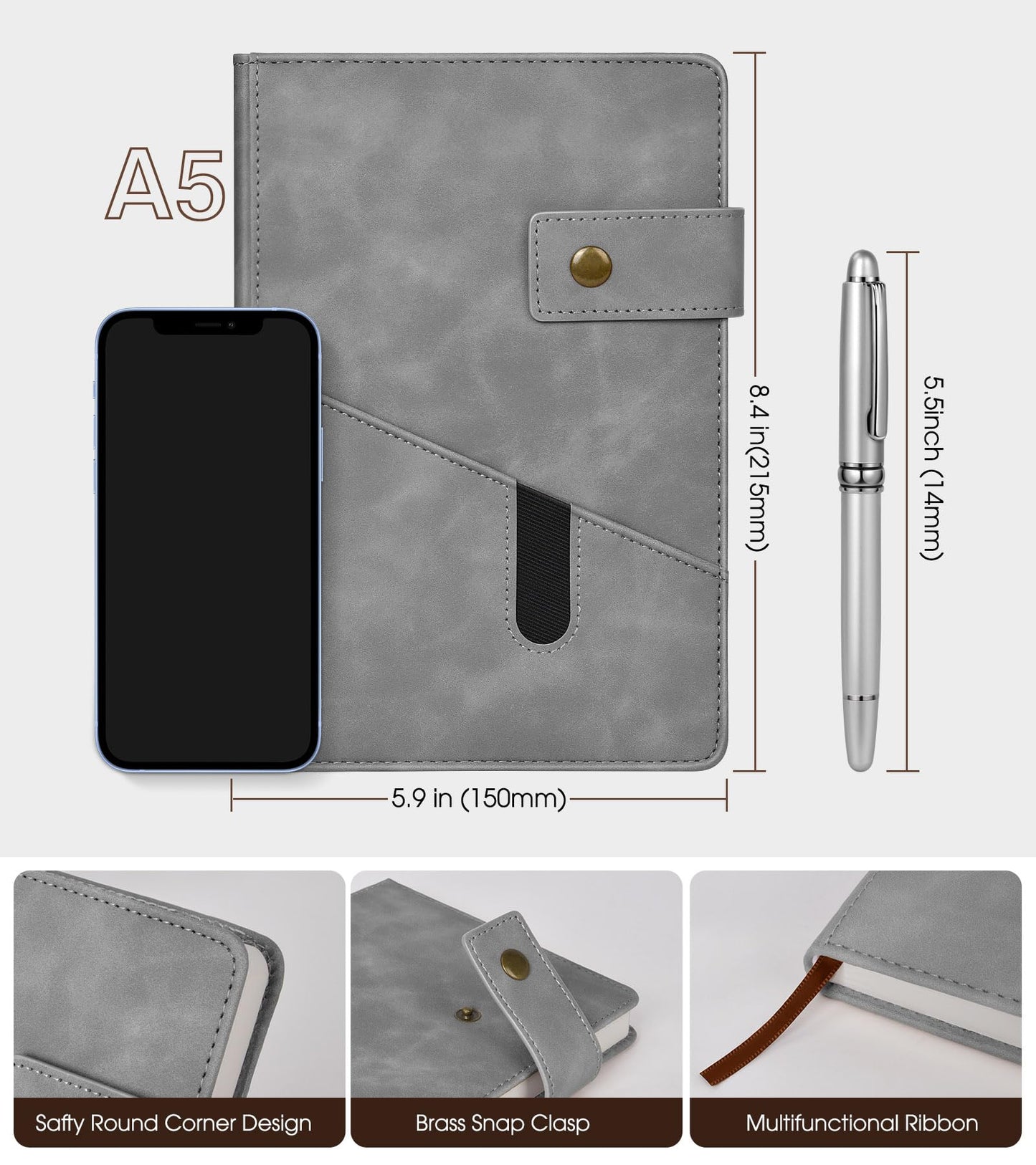 Lined Journal Notebook with Pen, A5 Personalized Hardcover Leather Journal for Men Women, 200 Pages 100 GSM Thick Paper College Ruled Notebooks for Work Travel School Writing Diary 5.9" X 8.4" Grey