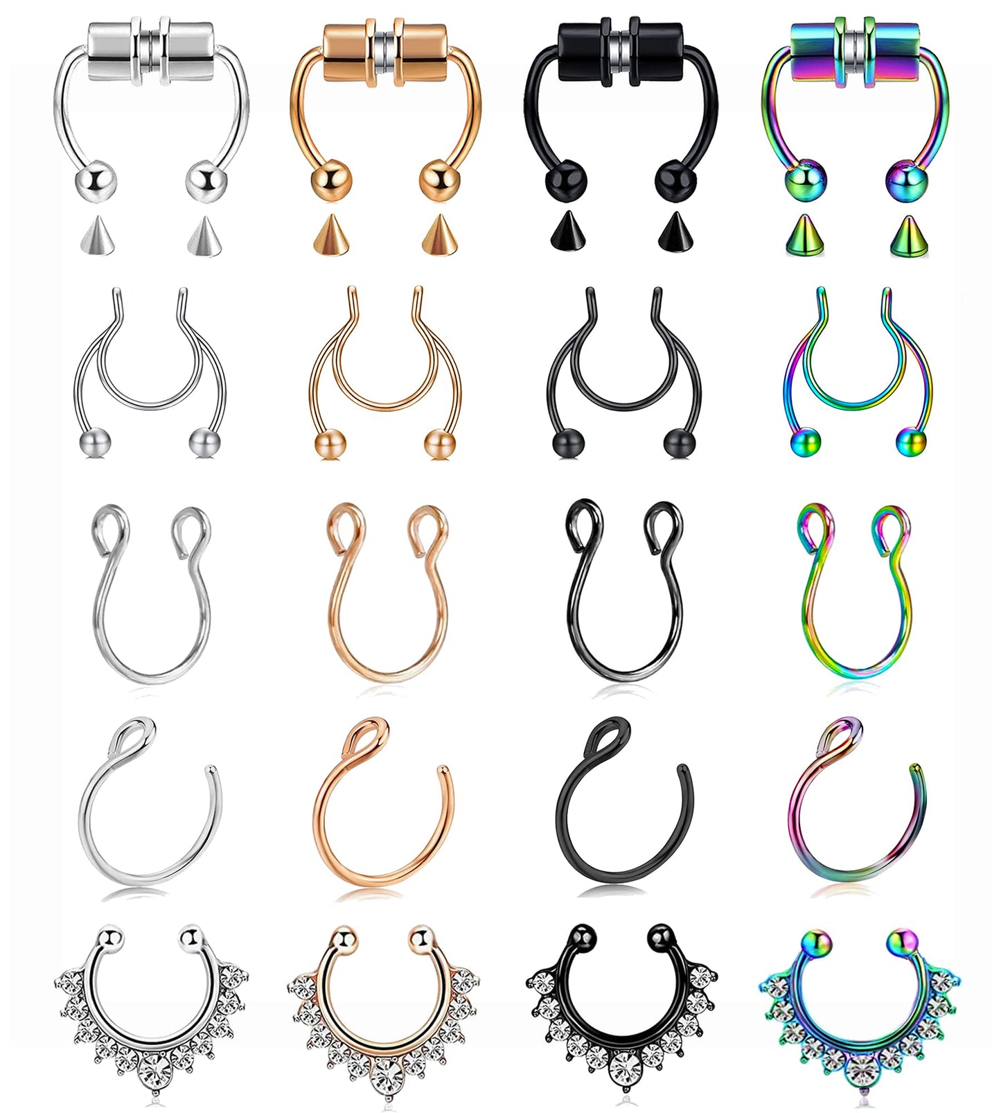 VitaCool Magnetic Septum Nose Ring Fake Septum Fake Nose Rings Magnet 20G Stainless Steel Horseshoe Faux Non Piercing Hoop Jewelry for Women Men (T20-Piece set)