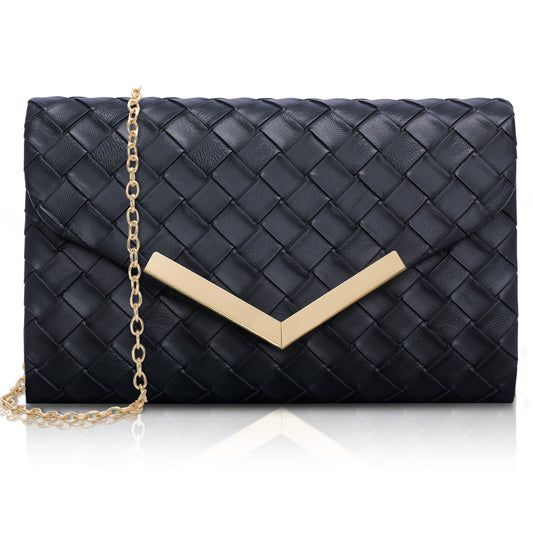 Larcenciel Clutch Purse for Women, Woven Black Leather Evening Bag w/Chain Strap, Formal Envelope Clutch Handbag, Elegant Crossbody Shoulder Party Bags for Wedding, Prom, Cocktail Night, Date, Dinner