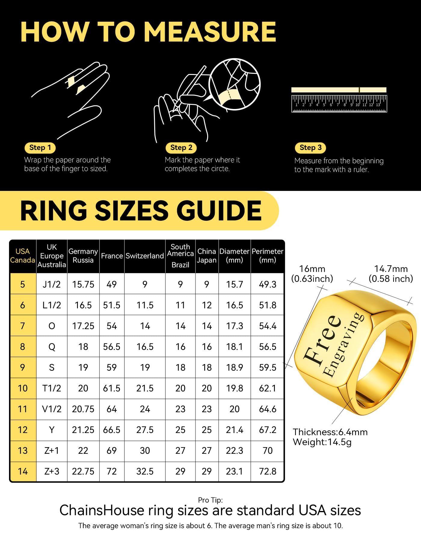 ChainsHouse Personalized Signet Biker Rings Solid Polished 18K Gold Ring for Men, Size 14