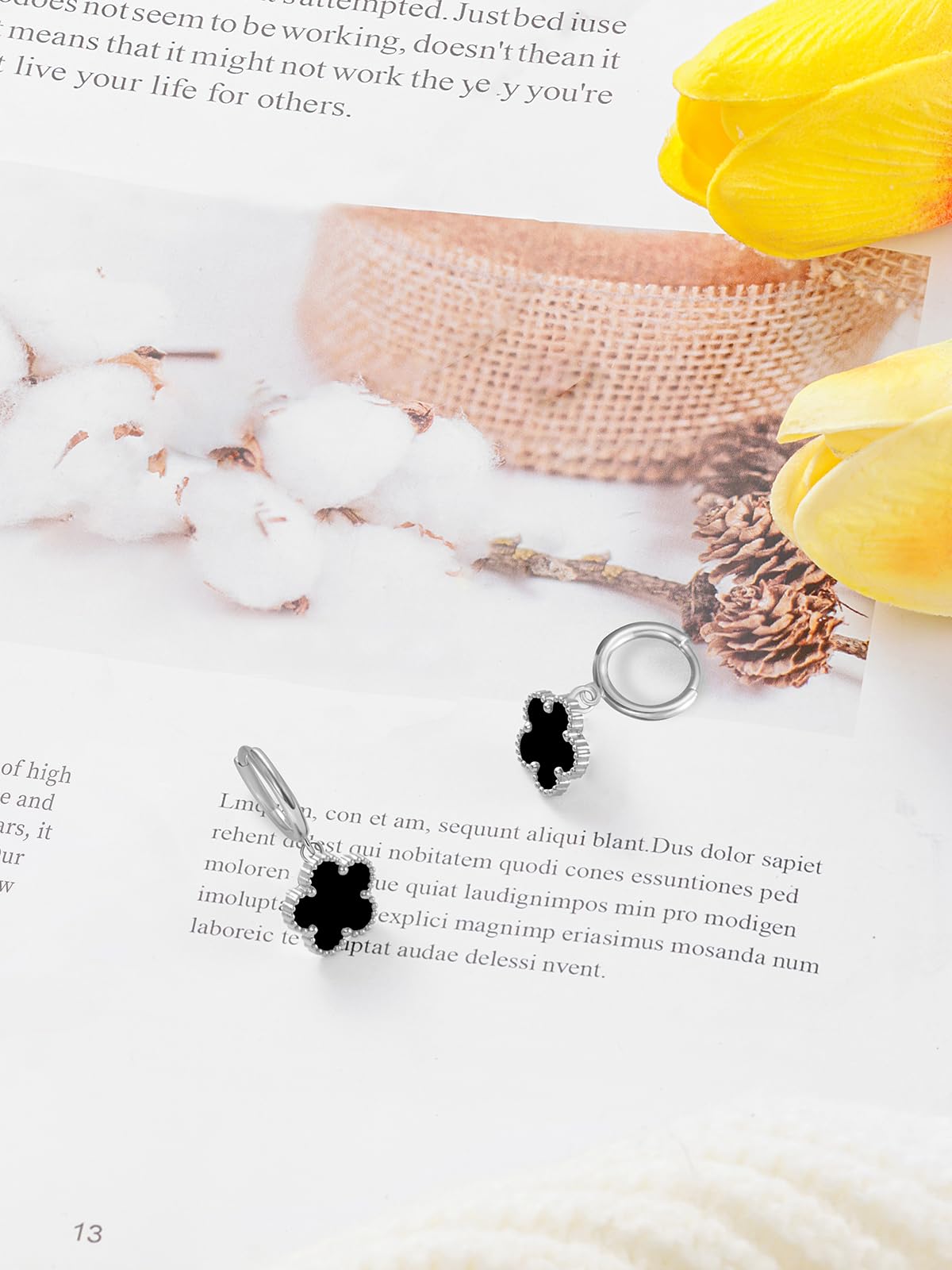 Gold Plated Five Leaf Clover Dangle Earrings for Women Lucky Flower Jewelry (Black-White Gold Plated)