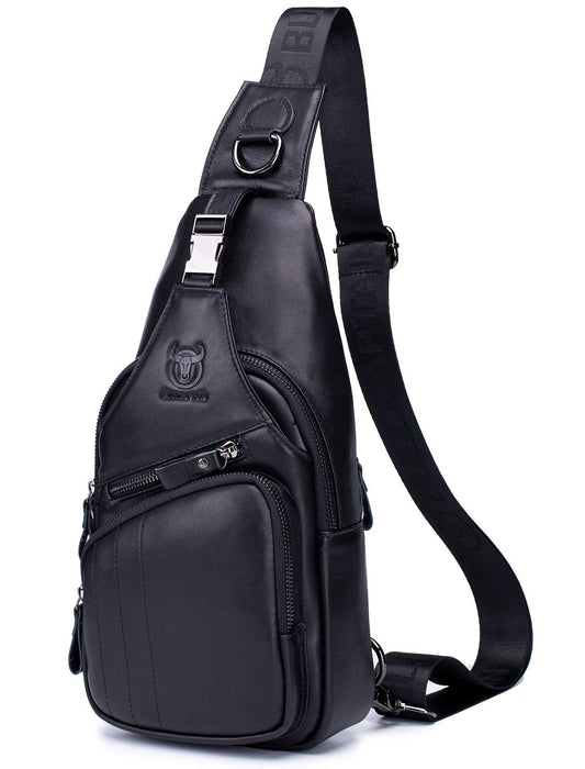 BULLCAPTAIN Leather Men Sling Bag Casual Crossbody Chest Bags Travel Daypack (Black)