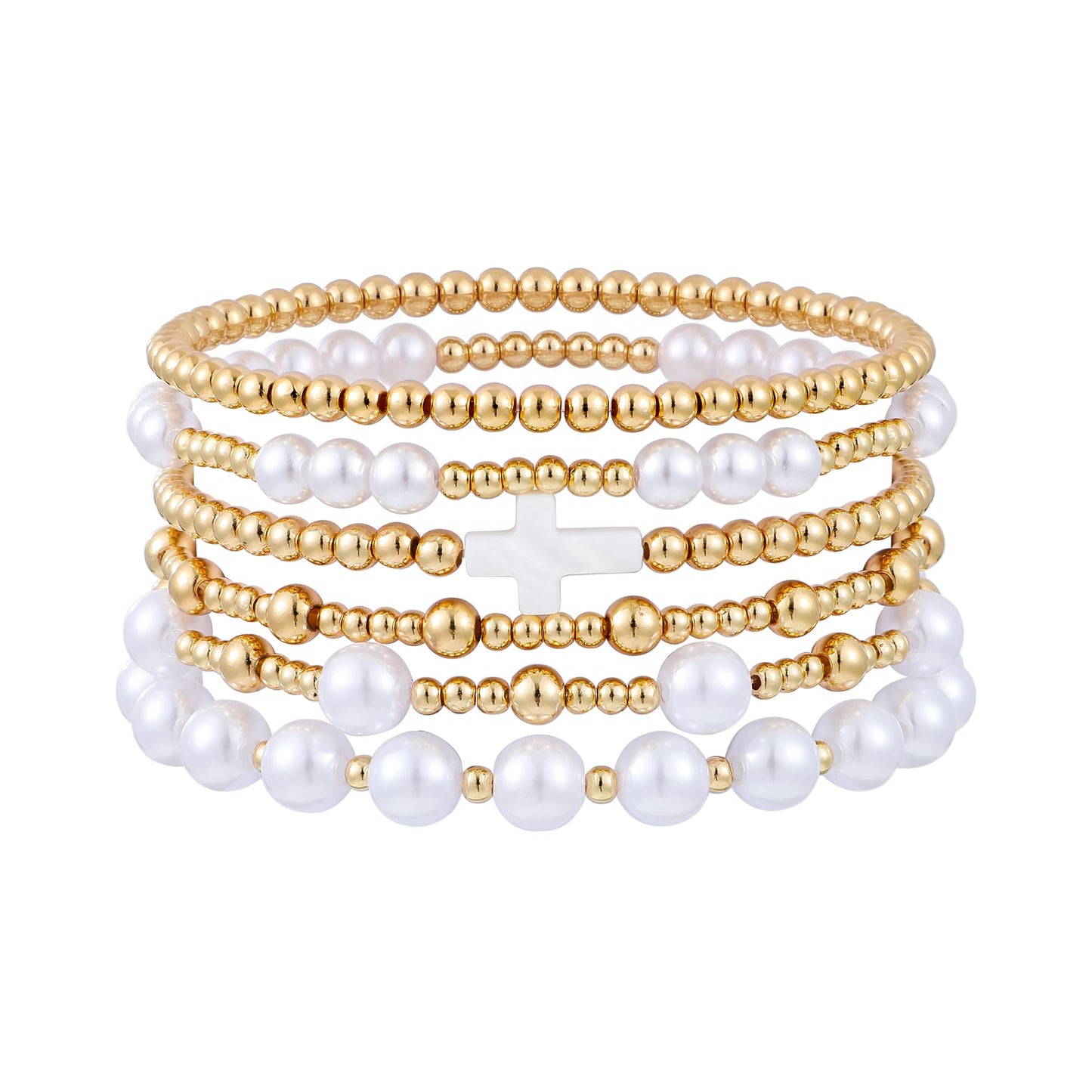 Sajidos Gold Plated Beaded Bracelets for Women Trendy, 14K Gold Plated Stack Cross Pearl Gold Plated Bead Stretch Bracelets Set Elastic Hypoallergenic Bracelets Jewelry Gifts (style19-4)