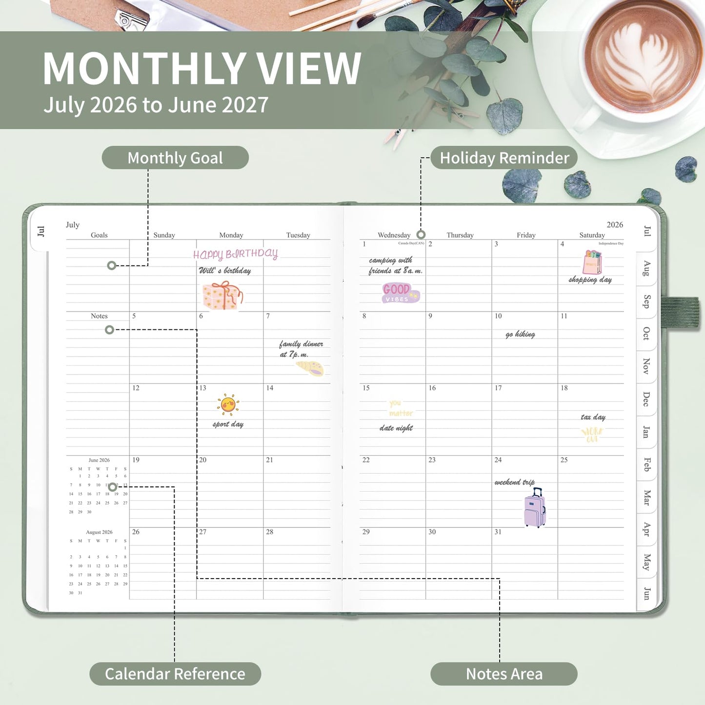 Planner 2026-2027, 8.5" x 11" Weekly and Monthly Planner with Tabs from Jul 2026 - Jun 2027 Academic Year, A4 Large Hardcover Agenda Calendar with Date for School & Office Schedule, Sage Green