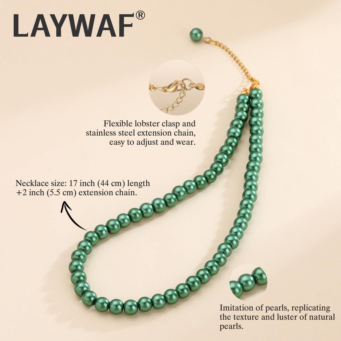 LAYWAF Green Imitation Pearl Necklace for Women, Fake Pearl Choker, 8MM Beaded Necklace, Simple Dainty Faux Pearl Jewelry for Mom Wedding Bride, Costume Pearl Accessories