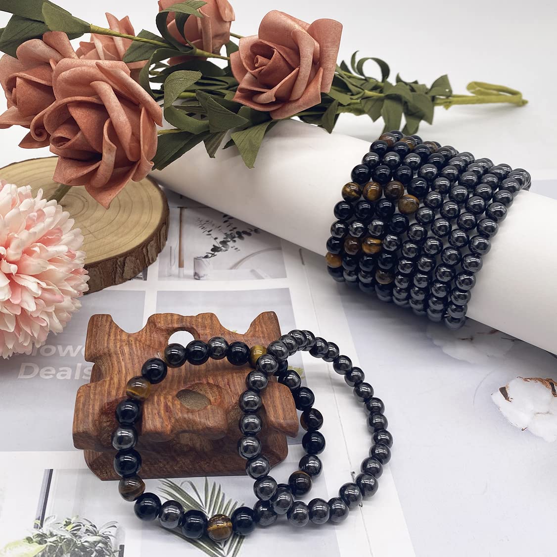 WAINIS 10PCS 8mm Black Hematite Bead Therapy Bracelet For Men Women Stone Bracelet Stress Relieving Triple Protection Anxiety Relief Bracelet Jewelry
