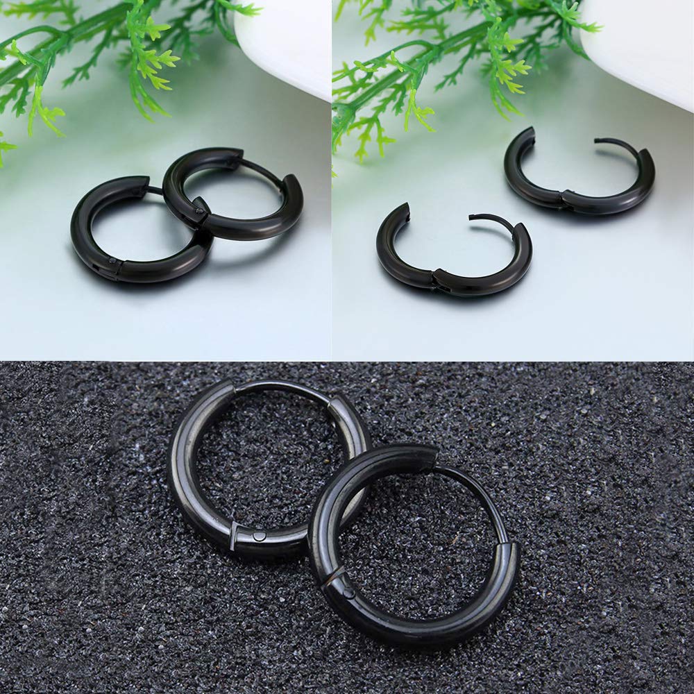316L Surgical Stainless Steel Huggie Hoop Earrings 12mm Black Hypoallergenic Earrings Hoop Cartilage Helix Lobes Hinged Sleeper Earrings For Men Women(E03:12mm Black(THK 2.0mm))