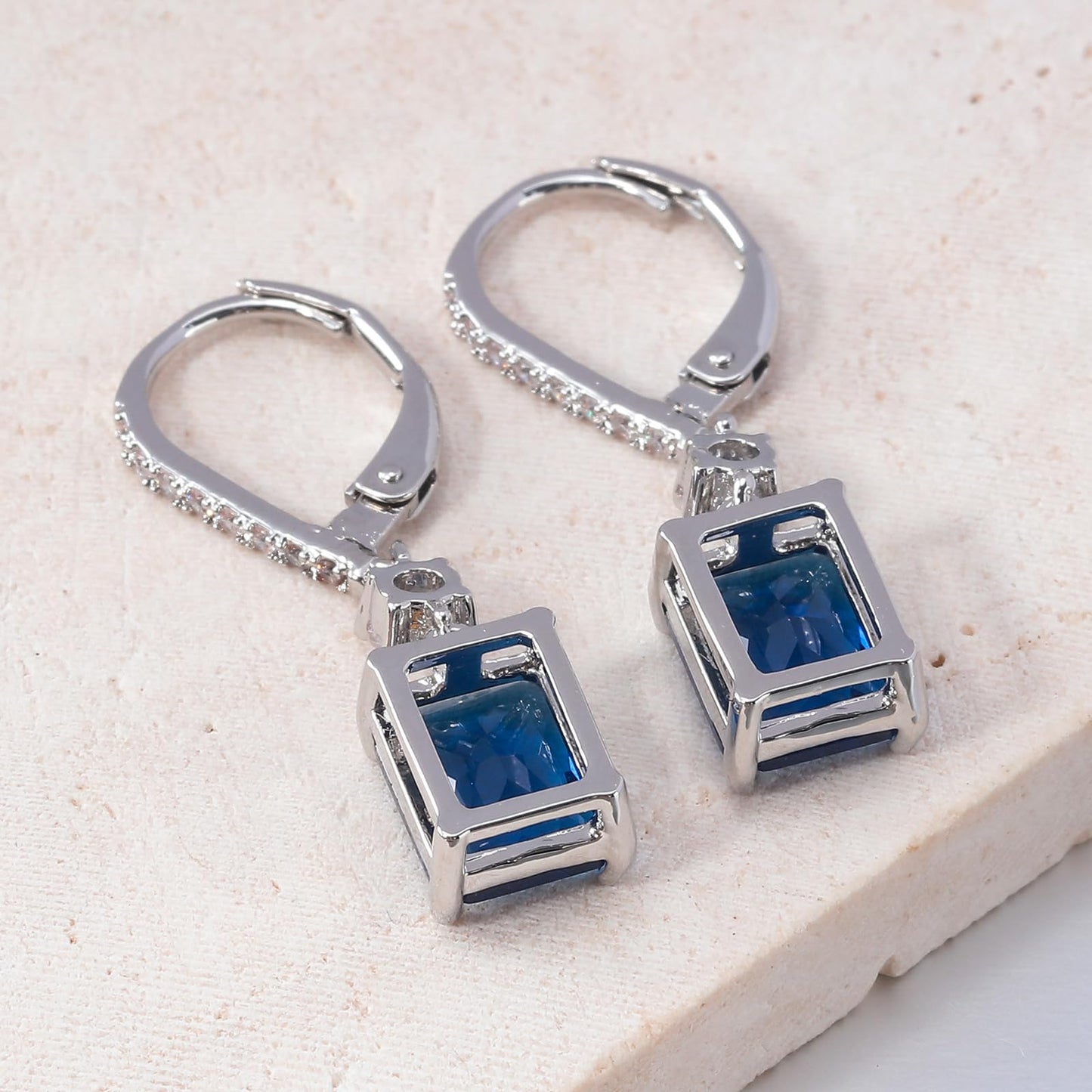 CiNily Leverback Earrings for Women Rectangular-cut Drop Dangle Earrings Hypoallergenic, 14K White Gold Plated Navy Blue Cubic Zircon Earrings Diamond Dangle Earrings Jewelry for Sensitive Ear