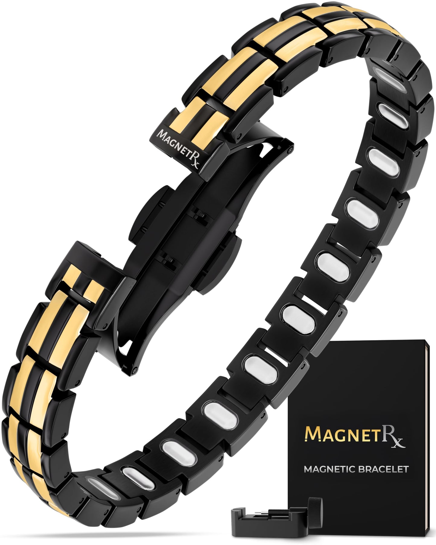 MagnetRX® Magnetic Bracelets for Women - EllipseMAX 5X Strength 5,000 Gauss Magnets - Designed in USA & PATENT PENDING - Premium Titanium Womens Magnetic Bracelet & Adjustable Length (Black/Gold)