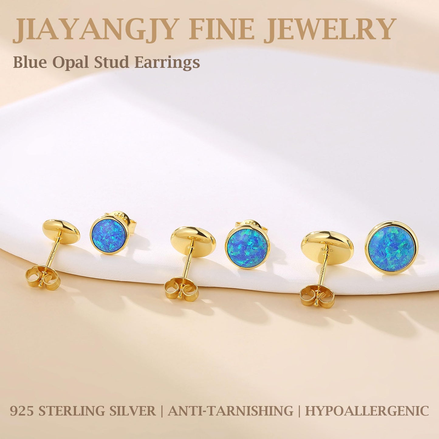 JiayangJY Silver Blue Fire Opal Stud Earrings for Women 18K Yellow Gold Plated Sterling Silver Round Shape 7mm Opal Earrings with Push Back