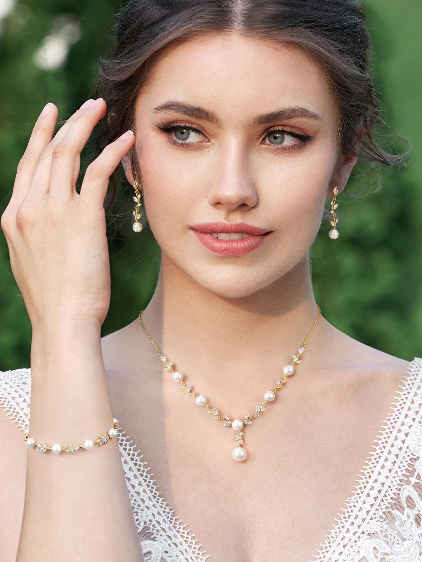 SWEETV Gold Wedding Jewelry Set for Bride Women, Cubic Zirconia Pearl Bridal Earrings Necklace Bracelet Set, Bridal Jewelry Set for Wedding Prom