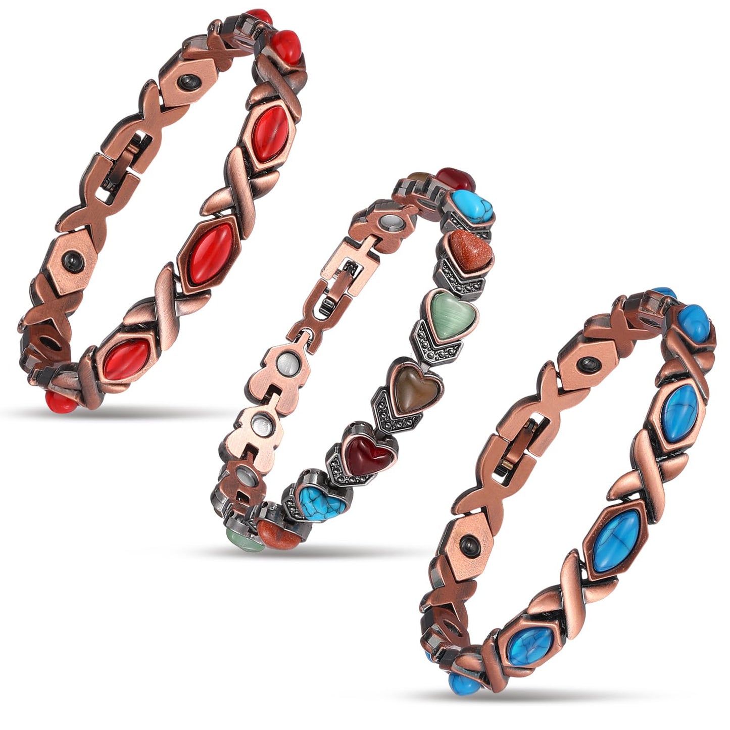 Misdary 3 Pcs Copper Magnetic Bracelets for Women Ultra Strength Magnetic Bracelet with Magnets Natural Turquoise Stones Adjustable Jewelry Gift