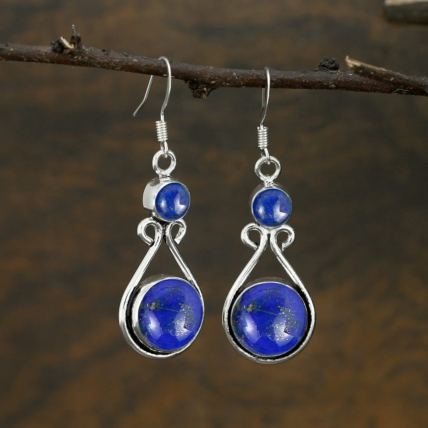 Natural Lapis Lazuli Silver Plated Dangle Earrings for Women - September Birthstone Round Gemstones Drop Earrings Handmade Jewelry - New Year Gift for Her