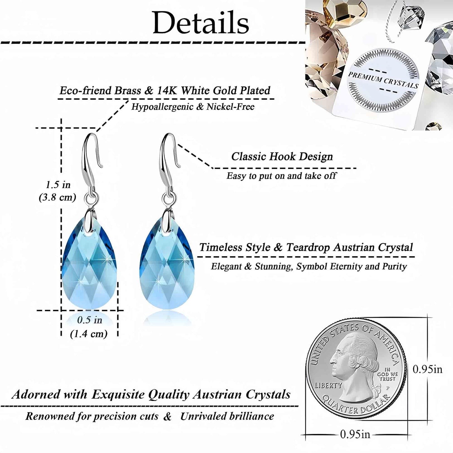 Austrian Crystal Teardrop Dangle Hook Earrings for Women 14K Gold Plated Hypoallergenic Jewelry (Aquamarine)