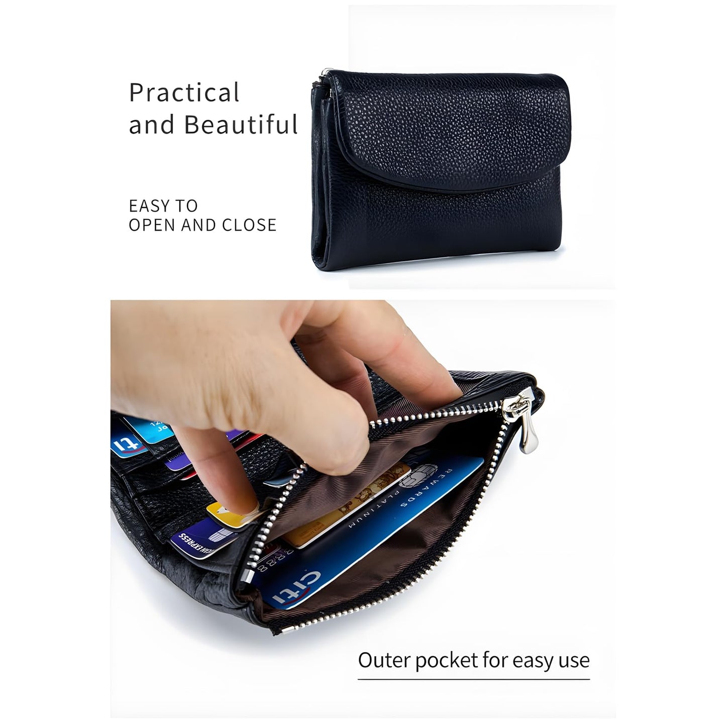 Unisex Pebble Leather Wallet, 5.3In Short Genuine Leather Coin Card Holder, Two zippered pockets, Unisex Clutch Bags, Can Hold Coins, Cards, Id Cards (Black)