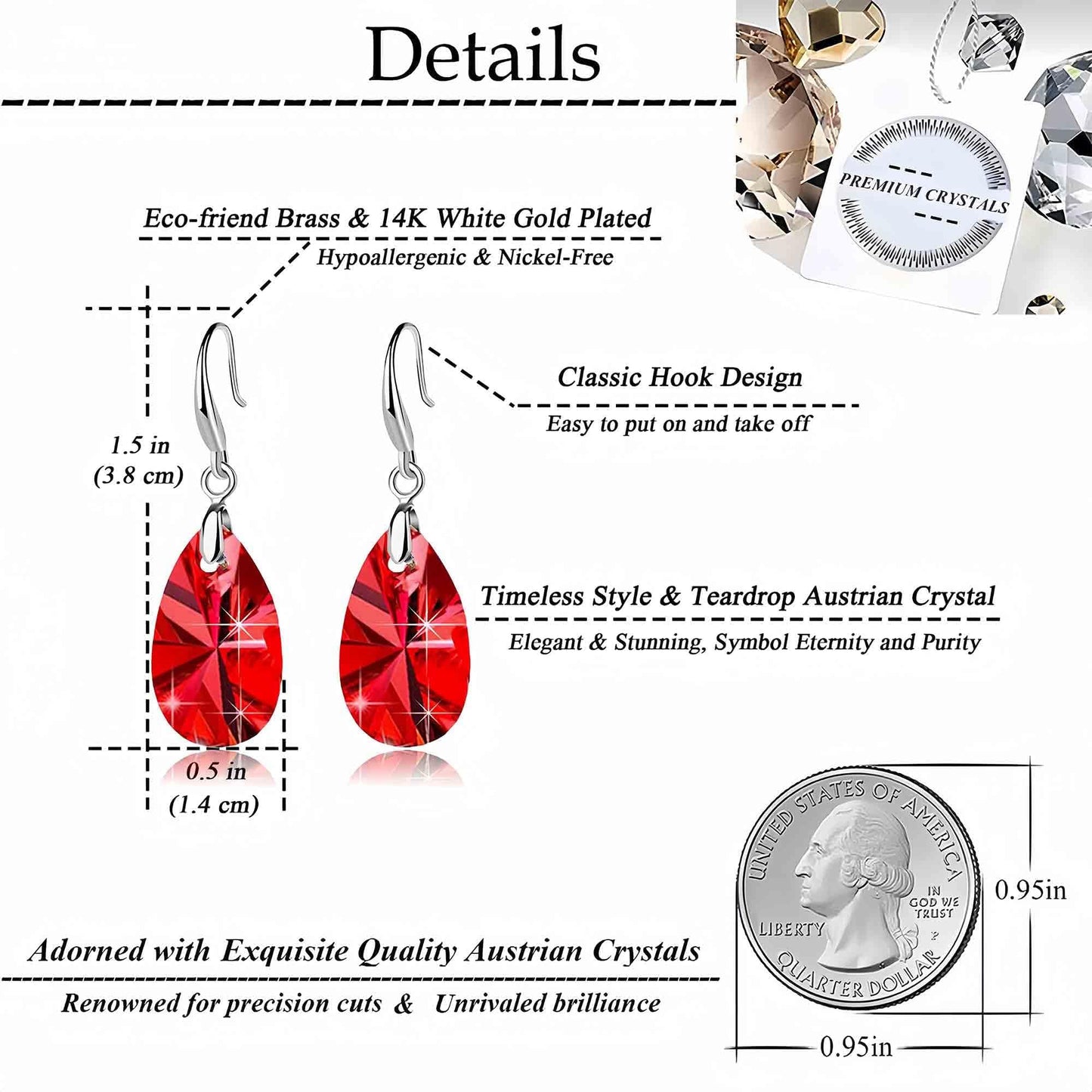 Austrian Crystal Teardrop Dangle Hook Earrings for Women 14K Gold Plated Hypoallergenic Jewelry (Red)