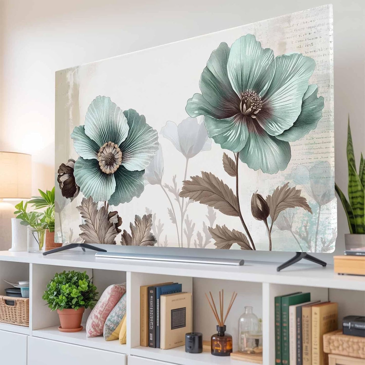Yukro 32 Inch, 28"x16" Blue Broccoli Indoor TV Dust Cover, Vintage Victorian Style Flowers Elastic TV Dustproof Cover