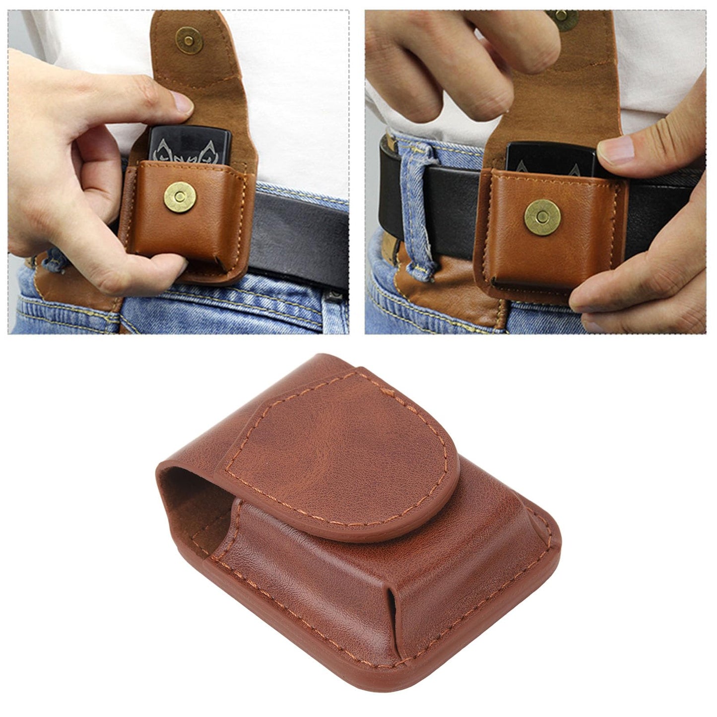 Leather Lighter Case with Belt Loop, Classy Lighter Pouch with Anti Scratch, Soft Lining, Magnetic Buckle, Lighter Waist Case for Outdoor (Brown)