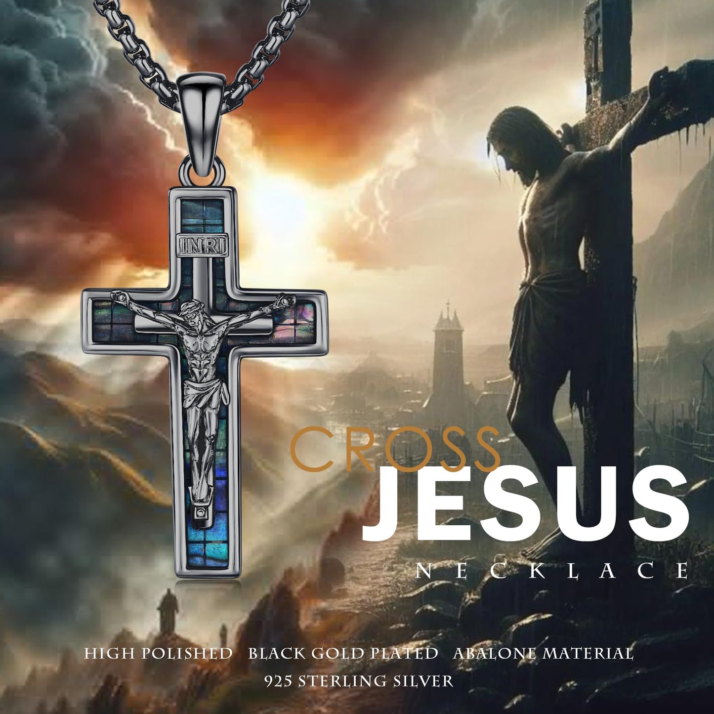 YEESIA Cross Necklace for Women Men 925 Sterling Silver Black Jesus Crucifix Pendant Necklace with Abalone Cross Jewelry Gift for Women Men