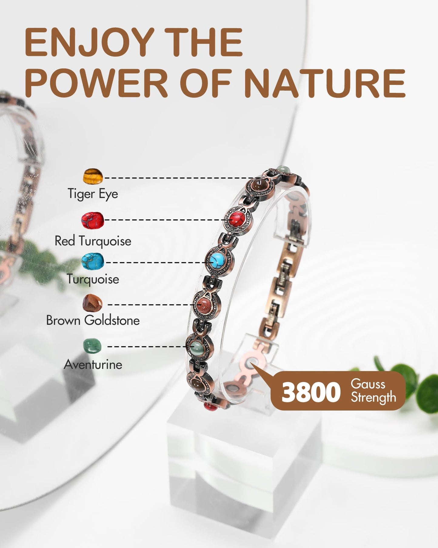 Feraco Pure Copper Bracelets for Women, Ultra Strength Magnetic Bracelet with 3800 Gauss Magnets & Natural Turquoise & Stones, Adjustable, Jewelry Gift (Circular)