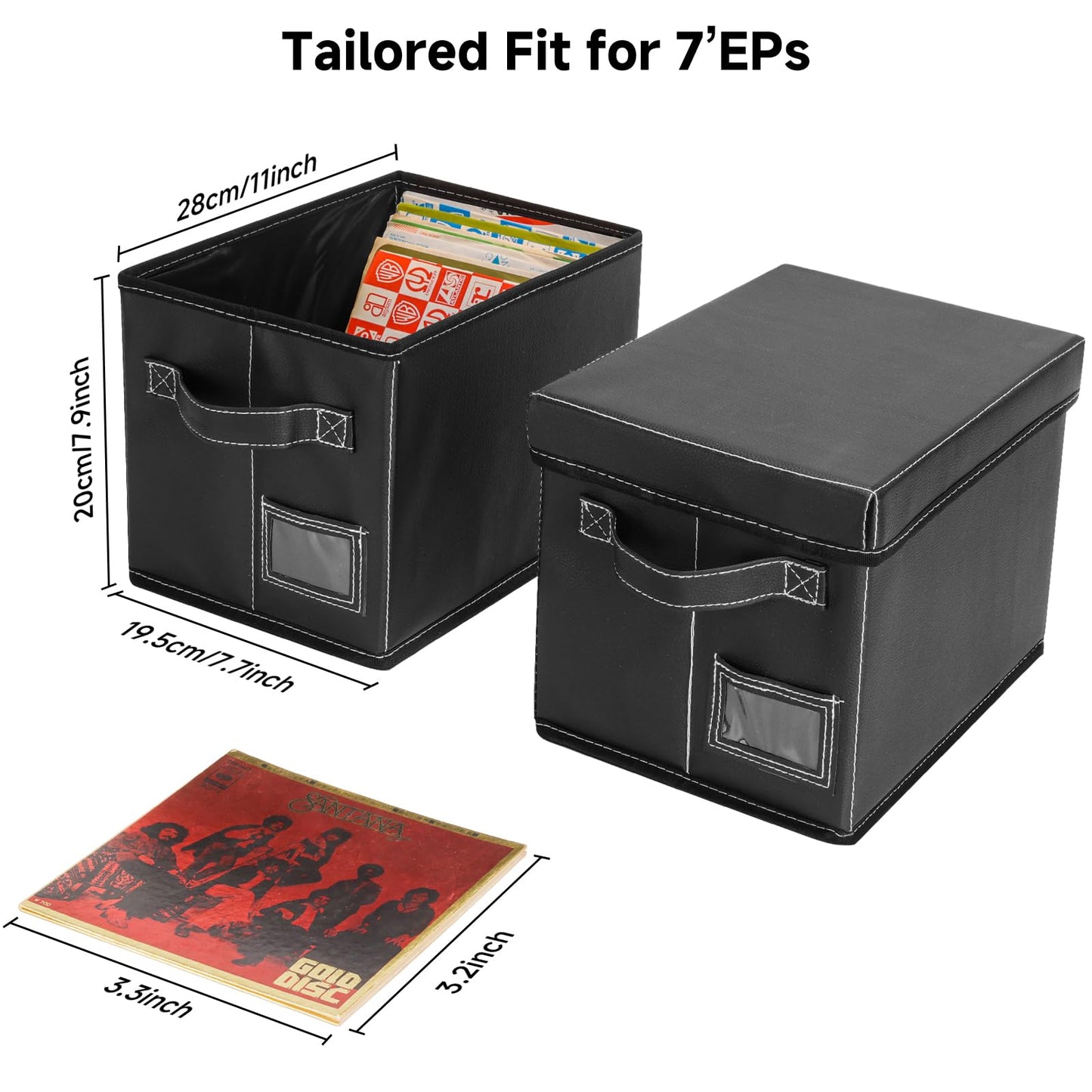 yoyobubu 2-Pack 7-Inch Vinyl Record Storage Boxes – Black Faux Leather Record Holder & Case with Lid – Compact Storage Crate for Singles, EPs, Vinyl Rolls, and Accessories