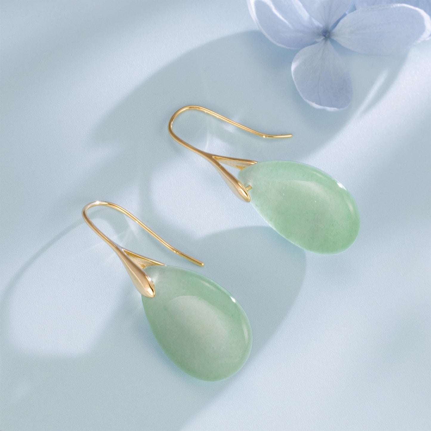 SELOVO Green Aventurine Stone Teardrop Dangle Drop Fishhook Earrings Gold Tone