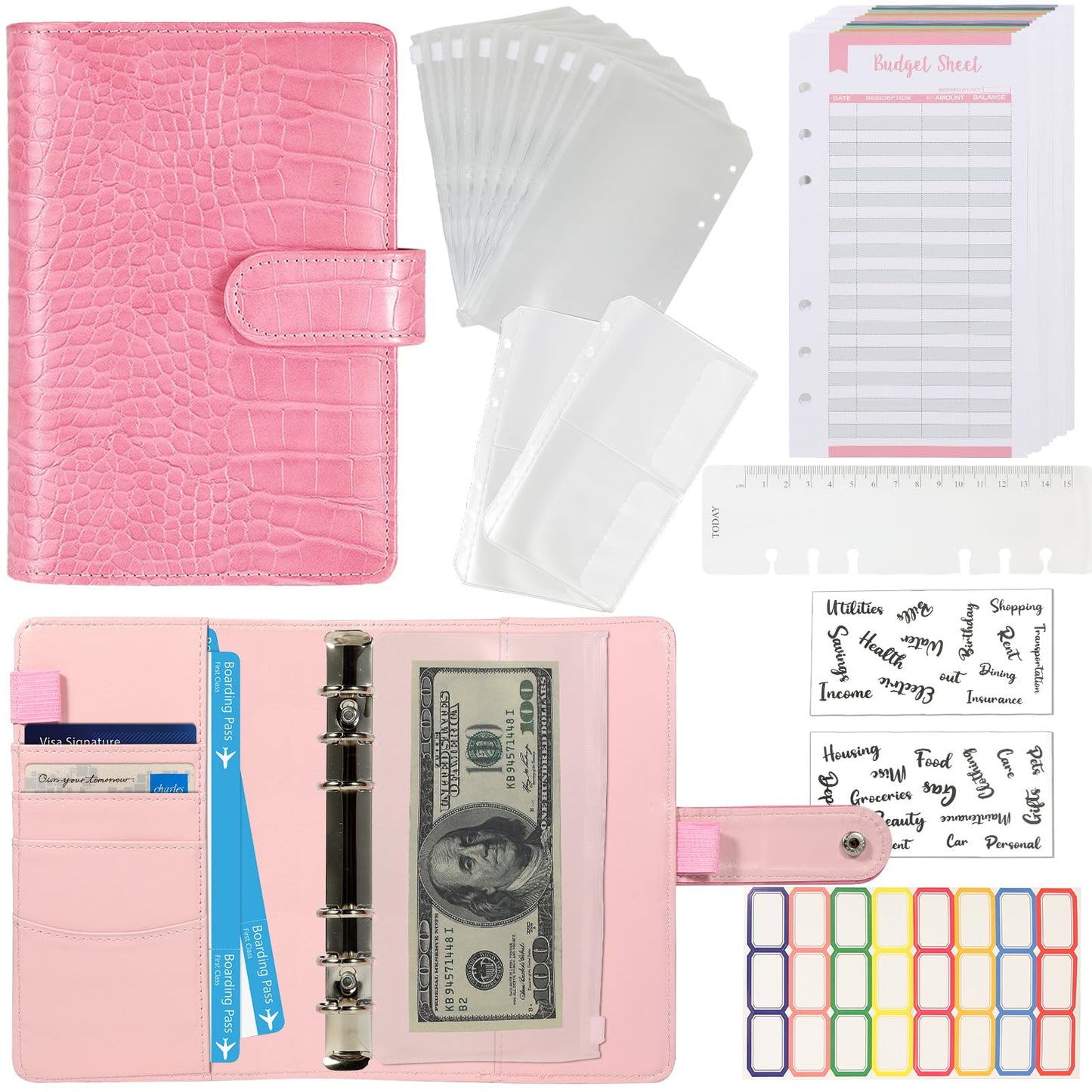 Budget Binder with Zipper Envelopes - Crocodile Pattern Leather Money Organizer, Cash Saving Book Budgeting Planner, Cash Stuffing Folder Envelope System, A6 Bill Binders with Pockets, Pink