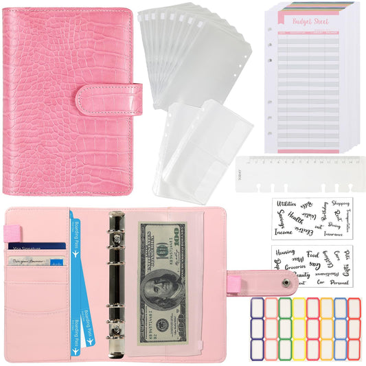 Budget Binder with Zipper Envelopes - Crocodile Pattern Leather Money Organizer, Cash Saving Book Budgeting Planner, Cash Stuffing Folder Envelope System, A6 Bill Binders with Pockets, Pink
